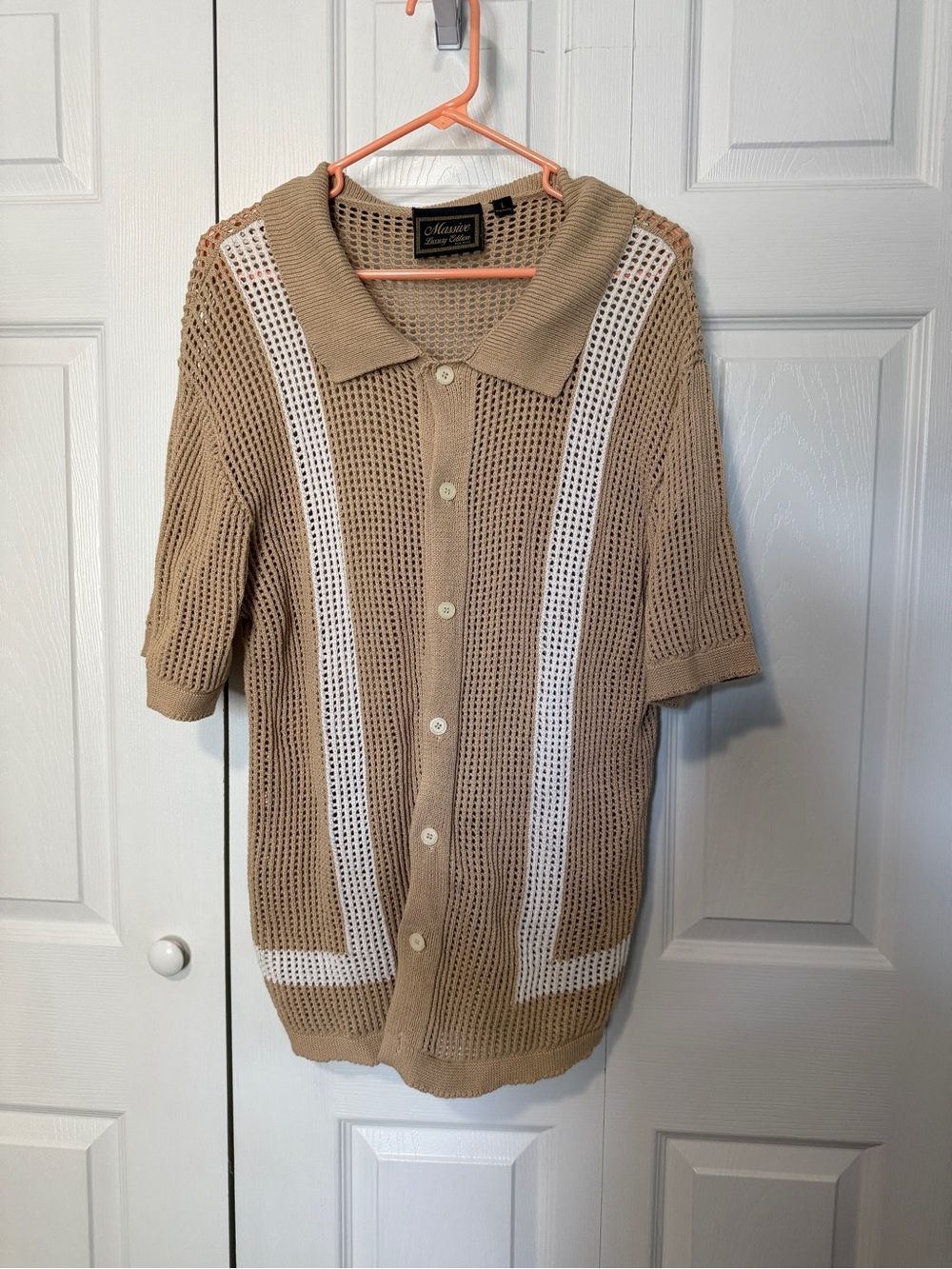 Massive Luxury Edition Men’s Open Knit Button Front Sweater Shirt Large Beige